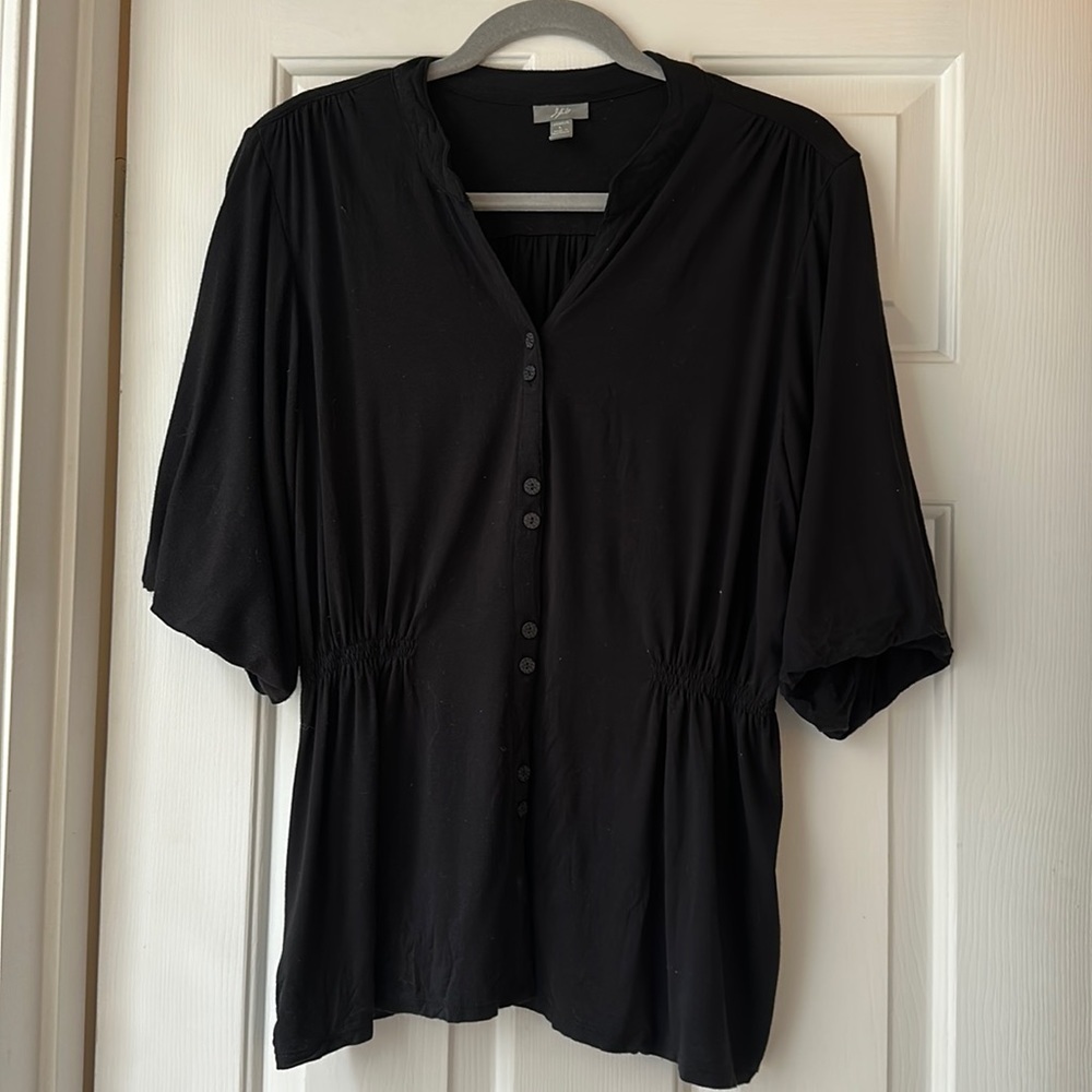 J Jill black bubble sleeve cinched waist button down blouse large